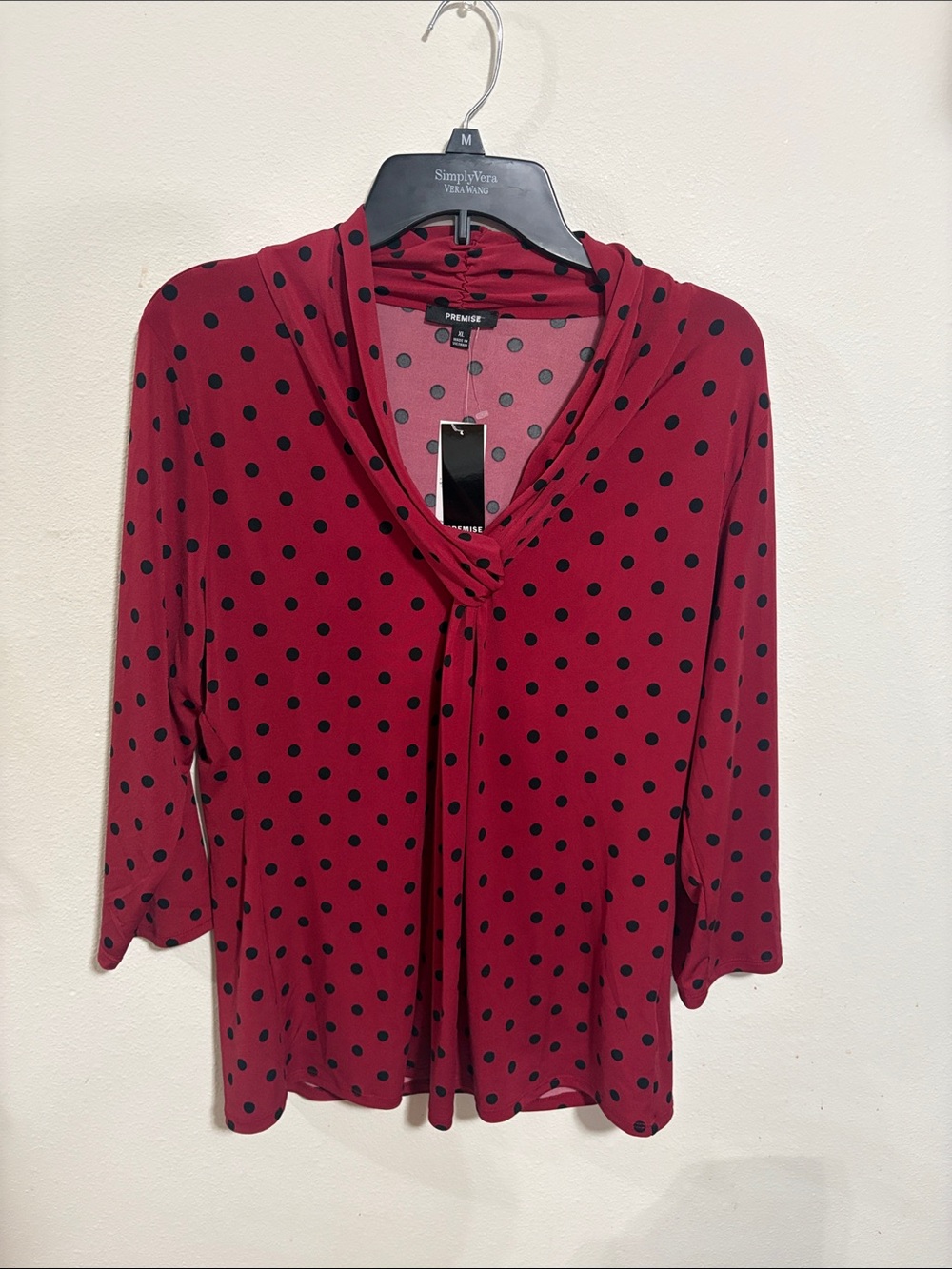 NWT Premise Red And Black Polka Dot Blouse 3/4 Length Sleeves Size XL